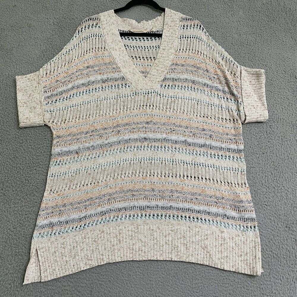 Soft Surroundings Oatmeal Beige Pink Blue Open Weave Emery Sweater  Size L